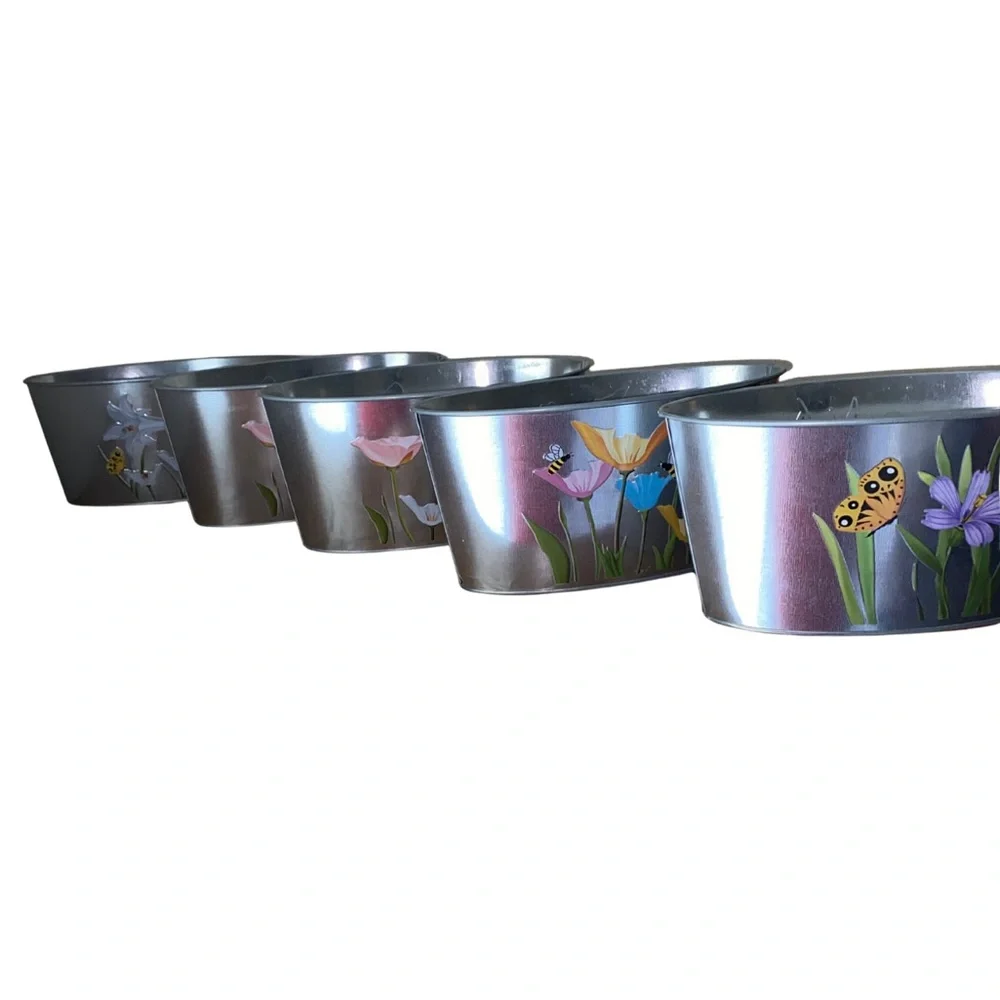 Set of 5 Floral Butterfly Metal Tins 7in Spring Garden Rustic Decor Storage‎